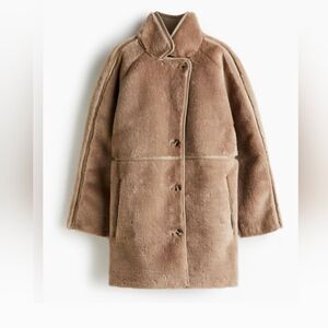 New Sz M H&M Tan faux Shearling Coat with faux leather trim
